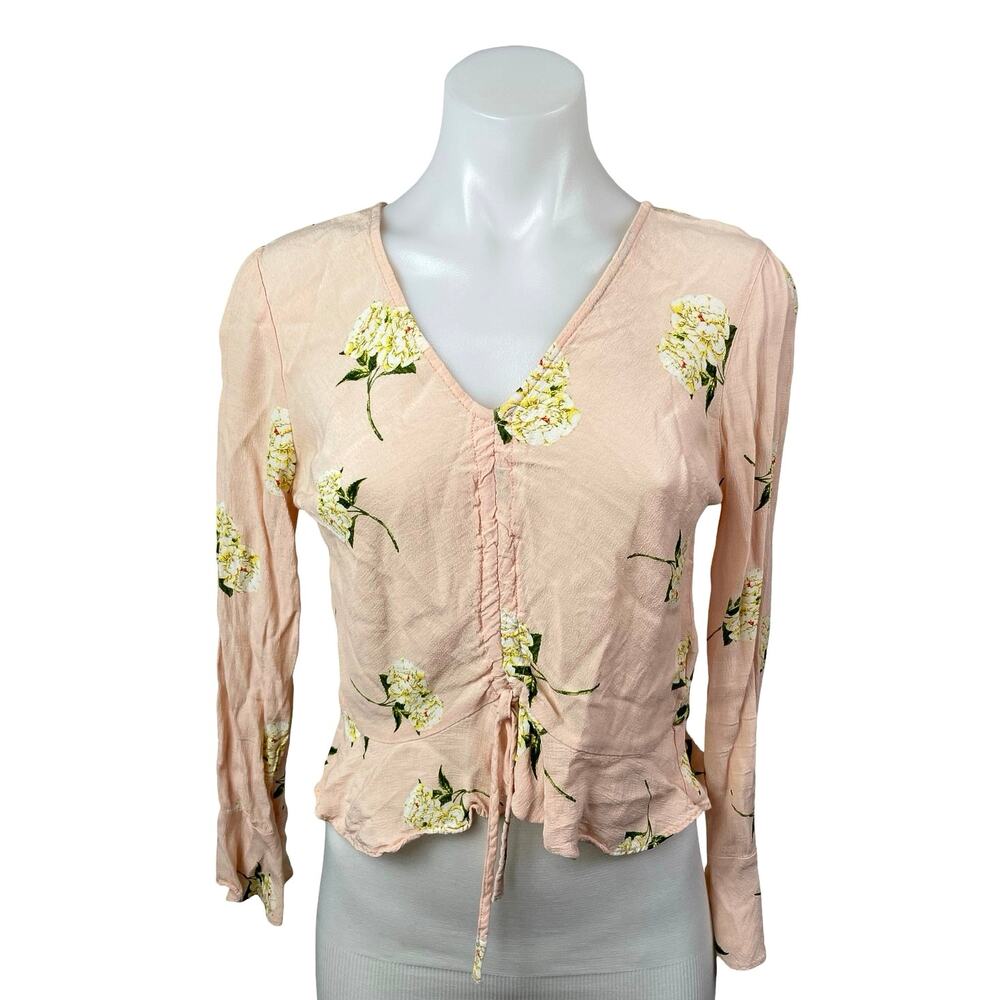 Topshop Women's Pink Long Sleeve Ruched Tie V Neck Cropped Blouse Top Size 4